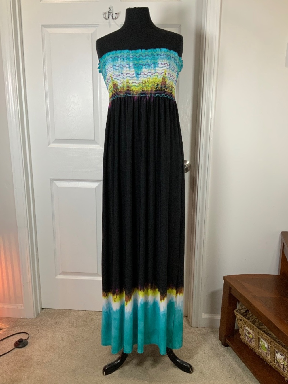 Tie Dye Smocked Tube Top Strapless Black Green Boho Maxi Dress Size 12